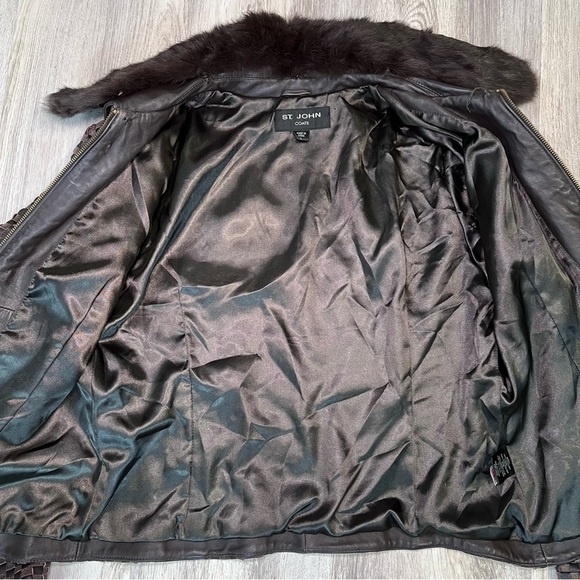 ST. JOHN - WOVEN LEATHER JACKET - WITH REMOVABLE RABBIT FUR COLLAR- WOMENS LARGE - Picture 12 of 15